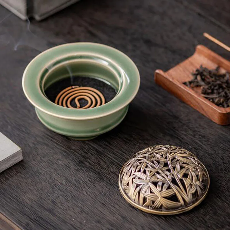 Chan Celadon Coil Incense Holder Household Tea Ceremony Hollow Bamboo Leaf Lid Aromatherapy Furnance Home Decor