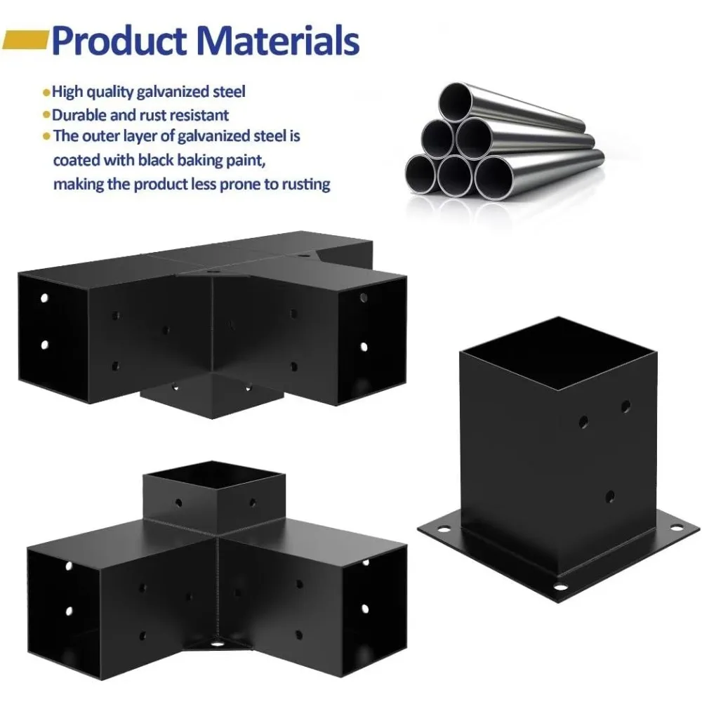 Kit de pérgola de acero de aleación pesada con soportes de 3 vías para madera de 4" x 4" (pretual de 3,6" x 3,6")