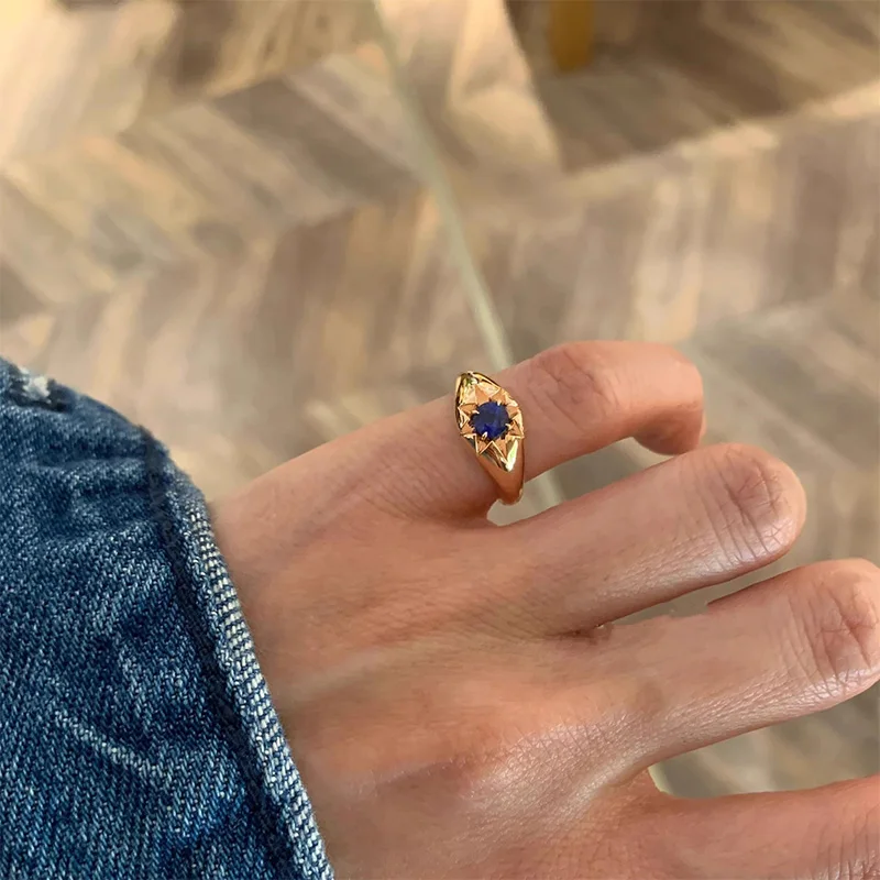 Foxanry Gold Color Blue Zircon Star Tail Rings For Women Couples Exquisite Trendy Elegant Temperament Engagement Jewelry Gifts
