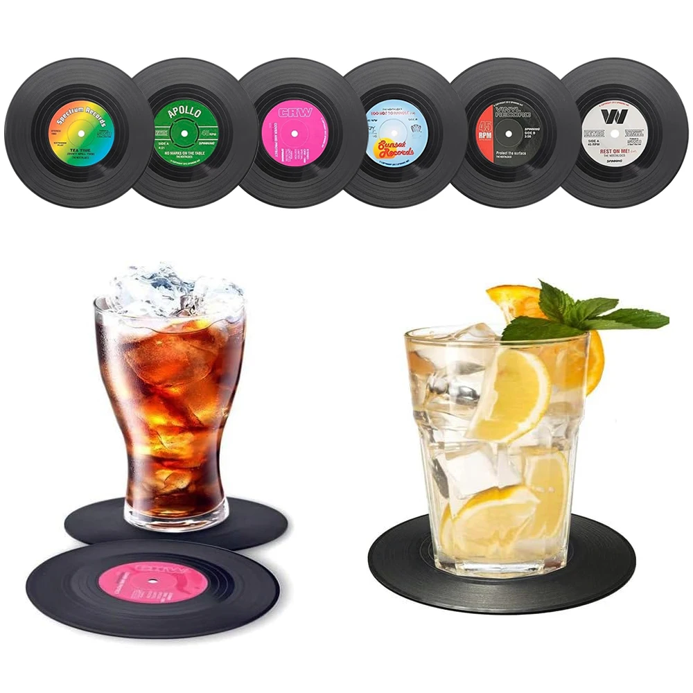 แผ่นรองจานไวนิลสำหรับเครื่องดื่ม6ชิ้นแผ่นป้องกันโต๊ะแบบตลกป้องกันเฟอร์นิเจอร์เสียหายเส้นผ่านศูนย์กลางประมาณ9.5ซม.