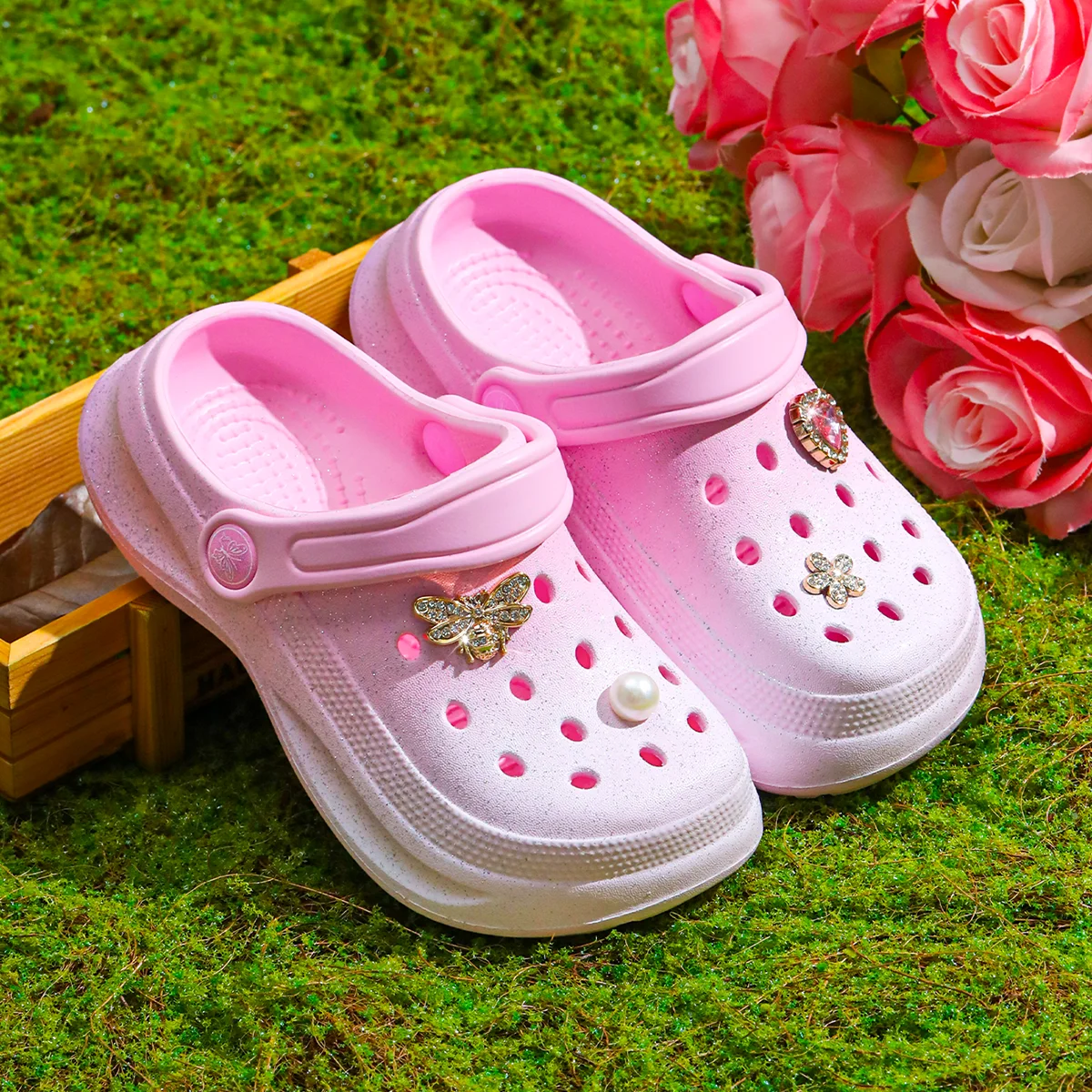 Kids Slip-On Clogs and Mules, Breathable, Waterproof, EVA Garden Shoes with Decorative Chain for Beach and Everyday Wear 168