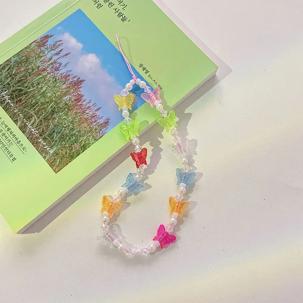 Butterfly Phone Chains Colorful Resin Imitation Pearl Women Mobile Phone Decoration Anti-Lost Lanyard Chain Jewelry Accessory