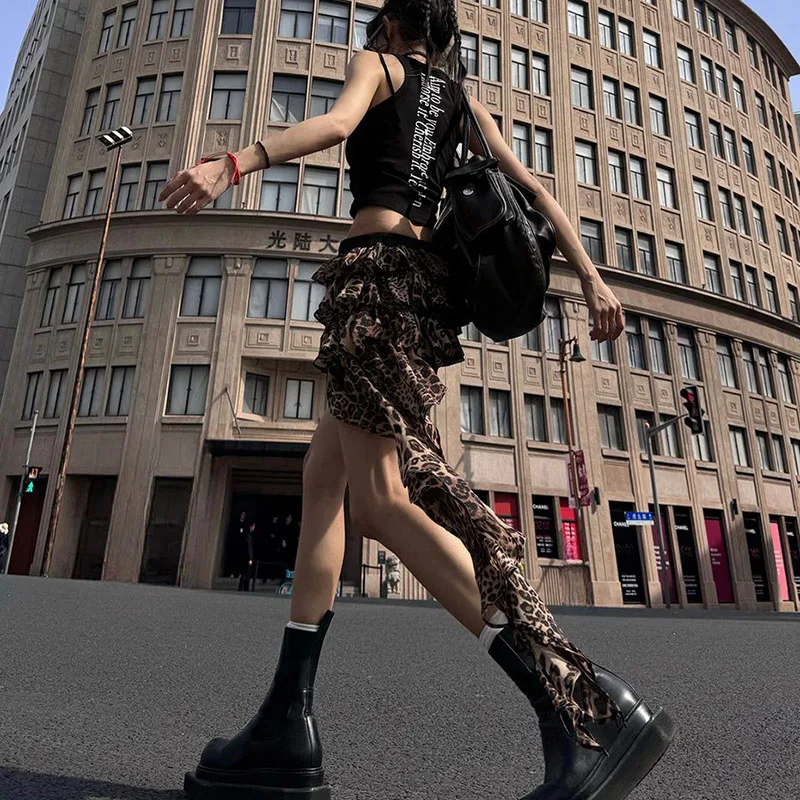Design Sense Spice Girl Short Casual Fashion Joker Irregular Cake Skirt Splicing Millennium Leopard Chiffon Short Skirt Women