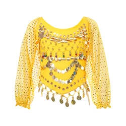 Kids Girls Belly Dance Bollywoods Costume Shiny Sequins Mesh Bells Beads Tassel Dancing Crop Tops Folk Dance Belly Dance Blouses