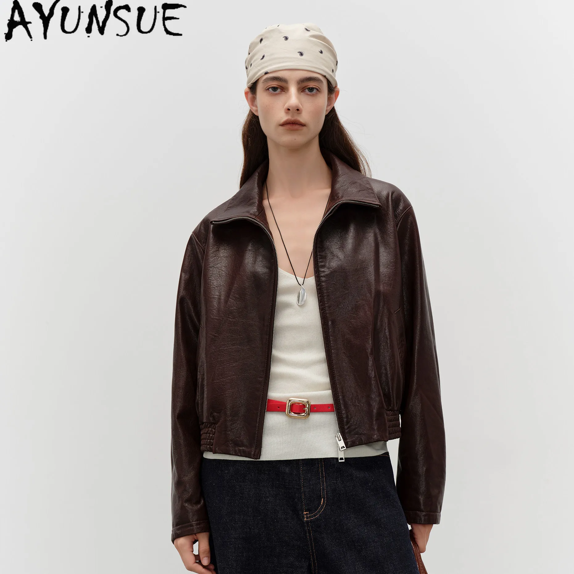 AYUNSUE Real Leather Jacket Woman Clothing 2026 Trendy Soft Sheepskin Leather Coat Women Spring Autumn Slim Fit Casaco Feminino