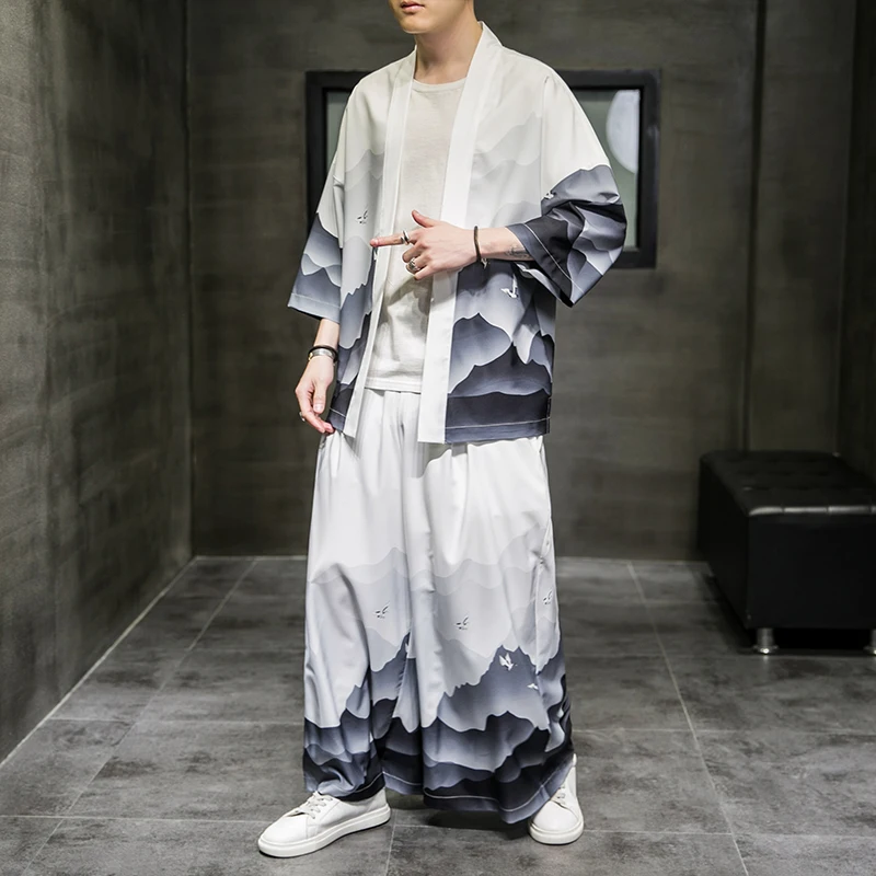 Kimono Cardigan Suit Men Japanese Summer Trousers Set Yukata Men\'s Haori Obi Japanese Wave Print Coat Traditional Japan Clothing