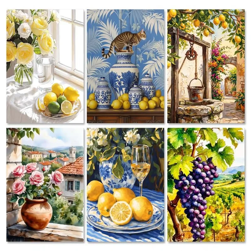 Kleinstadt, Obst, Tier, digitales Ölgemälde nach Zahlen auf Leinwand, Heimdekoration für Wohnzimmer, Schlafzimmer, handgefertigtes Geschenk