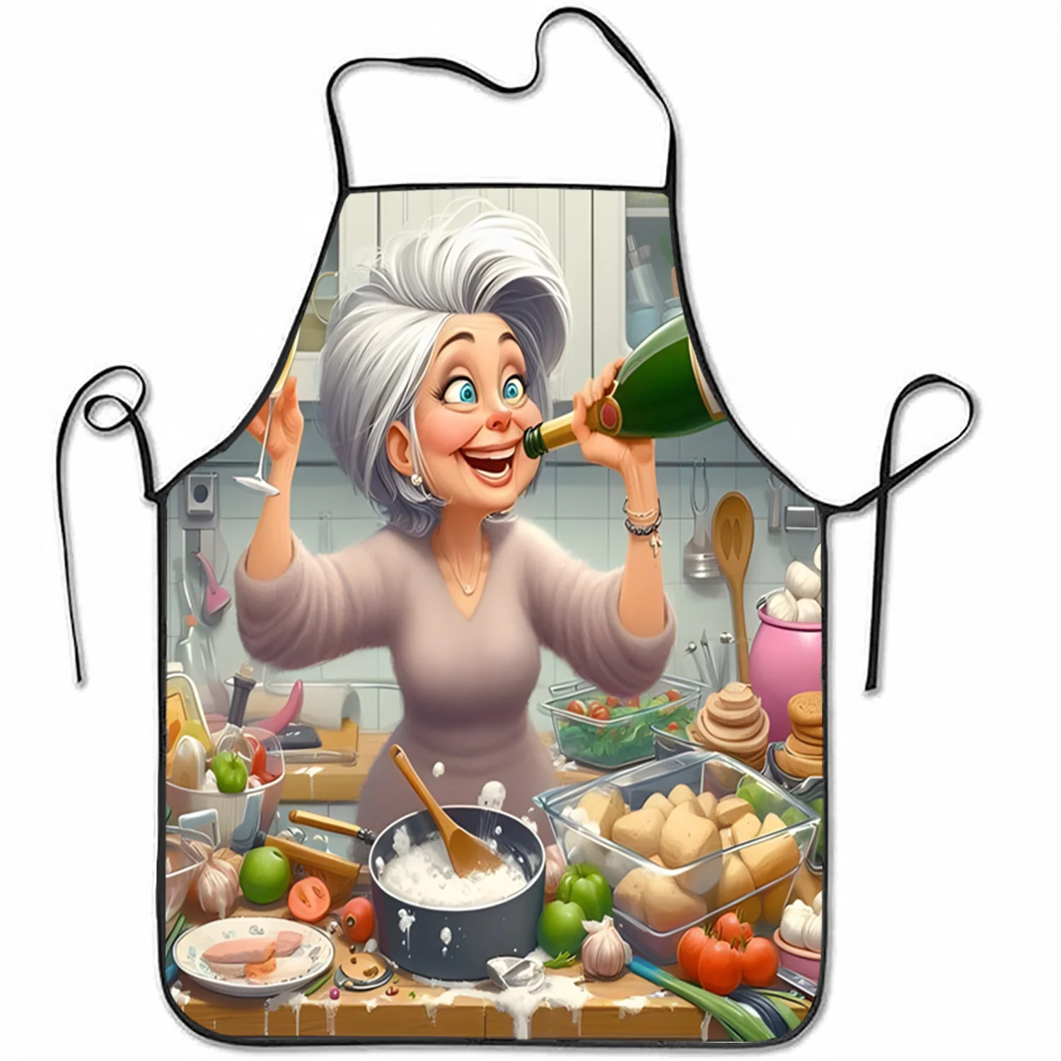 Cute Grandma Cooking Apron, Elderly Lady Chef Pouring Wine Graphic Bib, Fun Kitchen Decor, Gift for Mom Women