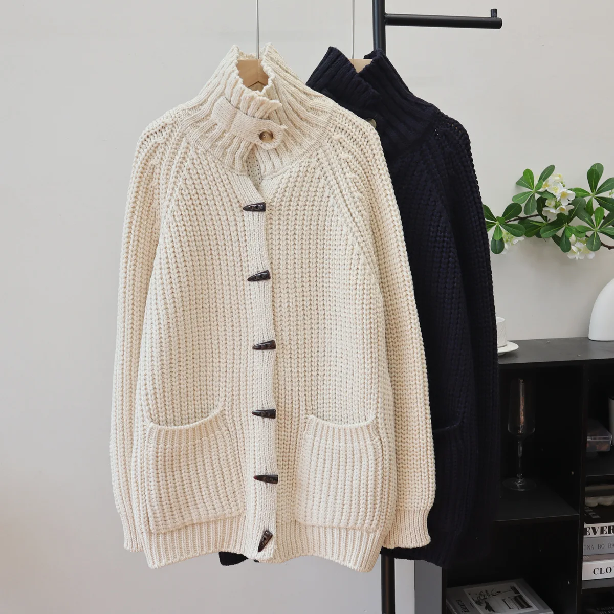 

Вязаный кардиган, свитера, женские однотонные джемперы с застежкой-лодочкой, однобортные свободные с высоким воротником и длинными рукавами, осень-зима 202, осень-зима