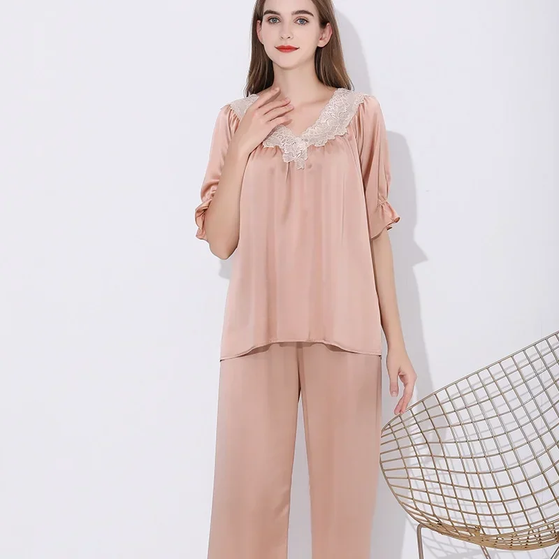 

100% Silk Short Sleeve Two Pieces Pajama Set Women Button Down Cardigan Sleepwear Nightwear V Neck Pijama Suit Home Clothes