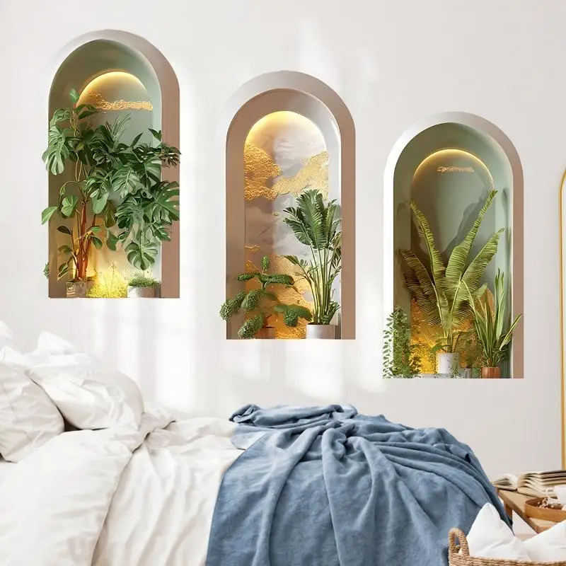 3PCS Green Plant Simulated Archway Niche Wall Sticker Peel and Stick PVC Mural Decal for Bedroom Living Room Home Decor Ornamen