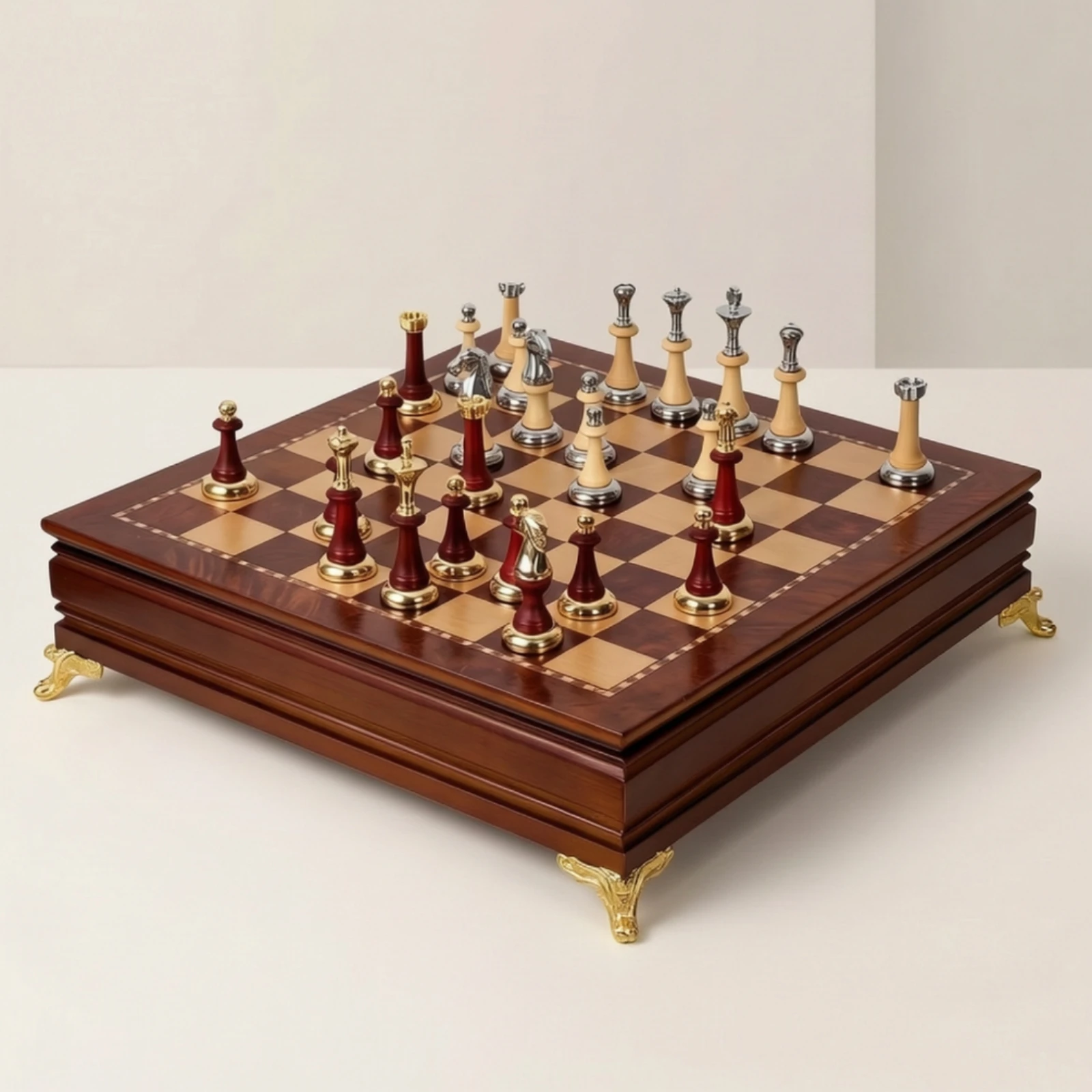 Chess Set with Storage Drawer Desktop Wooden Chess Set Chessboard with Drawer Gold-Tone Premium for Adults, Game Room, Study
