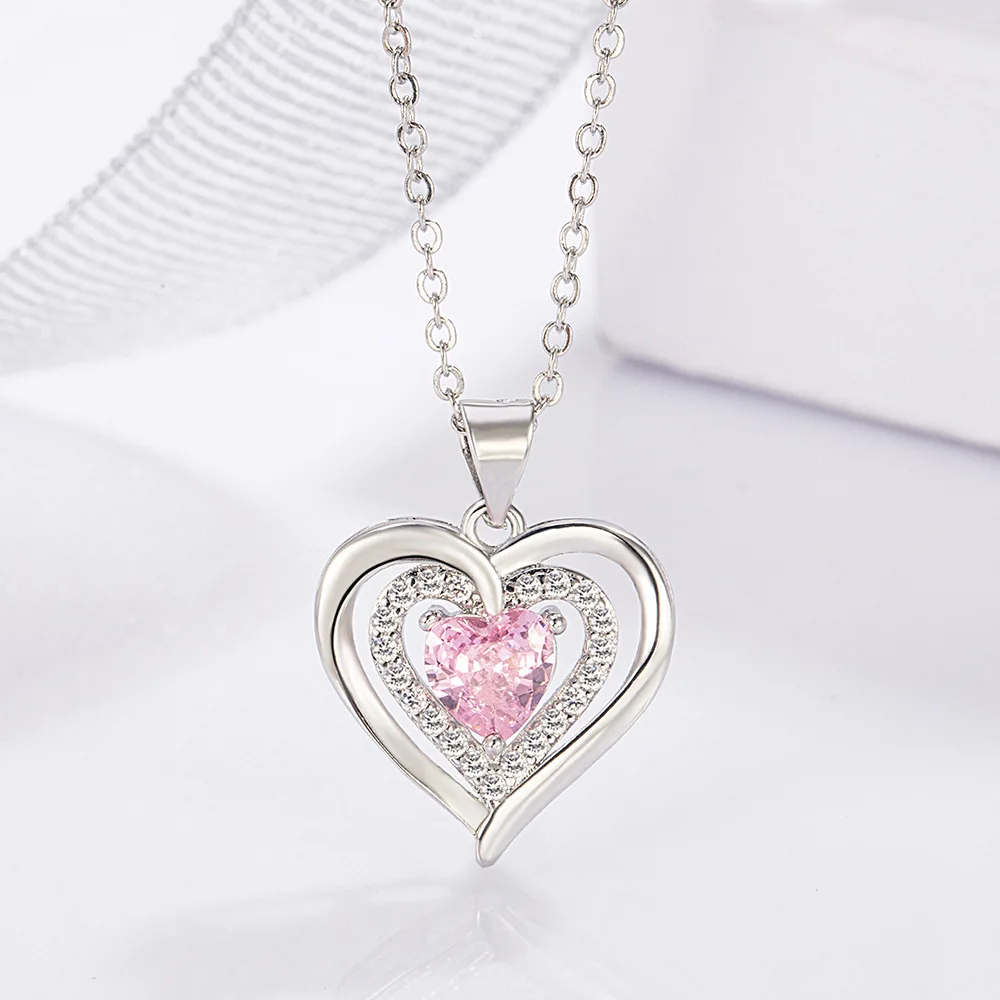 925 Sterling Silver Necklace Three Heart Pink Zircon Pendant Ladies Fashion Simple Birthday Anniversary Wedding Jewelry Gift