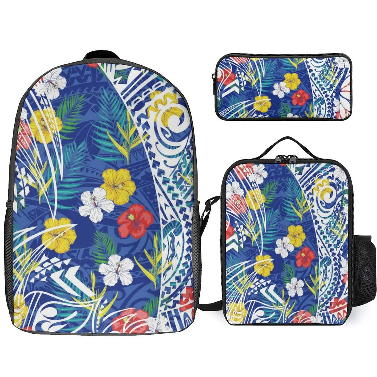 

3-Piece Set Polynesian Schoolbag Large-Capacity Custom Backpack Fashionable Flower Bag Student Backpack And Meal Bag Pencil Case