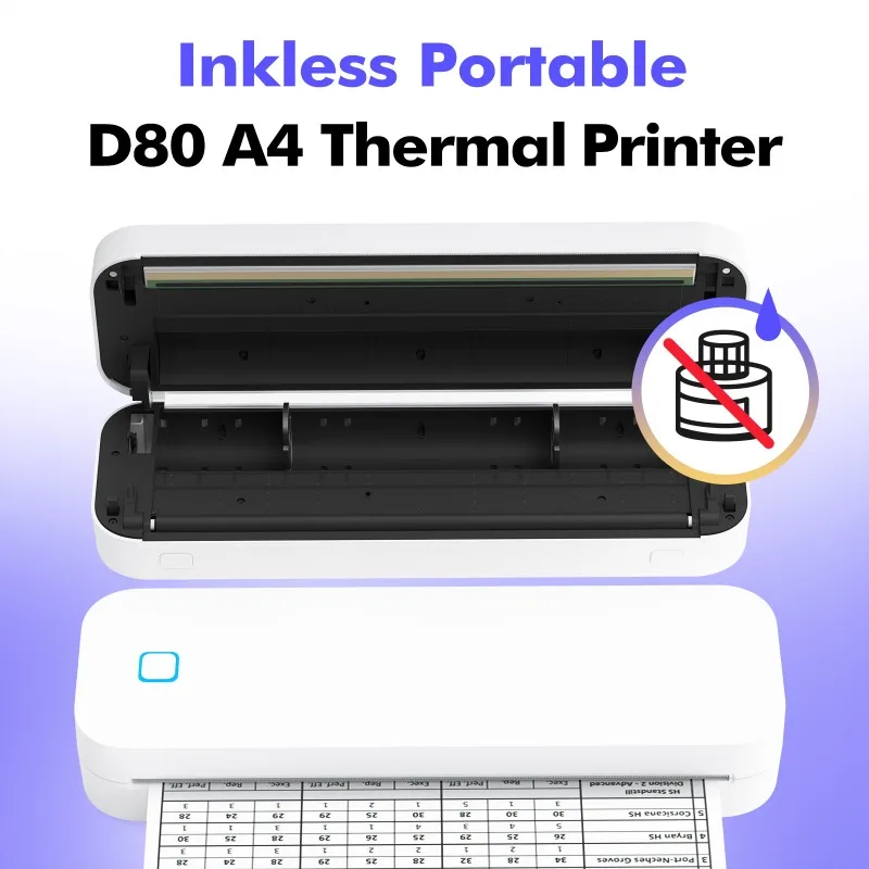 D80 New A4 Printer Portable Bluetooth Home Inkless Document Printer Home Thermal Printer