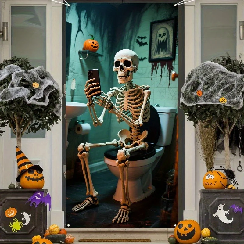 لافتة ثنائية الأبعاد، ديكور باب المرحاض هيكل عظمي للهالوين - مشهد حمام رعب مع الخفافيش والقرع وشبكات العنكبوت - بوليستر #1