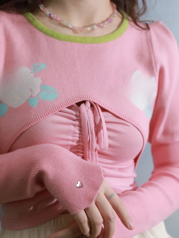 

Pink Skin-Friendly Sweater Set Short Cute Girl Style round Neck Rose Bubble Sleeve Two-Piece Set Comfortable Breathable Long ...