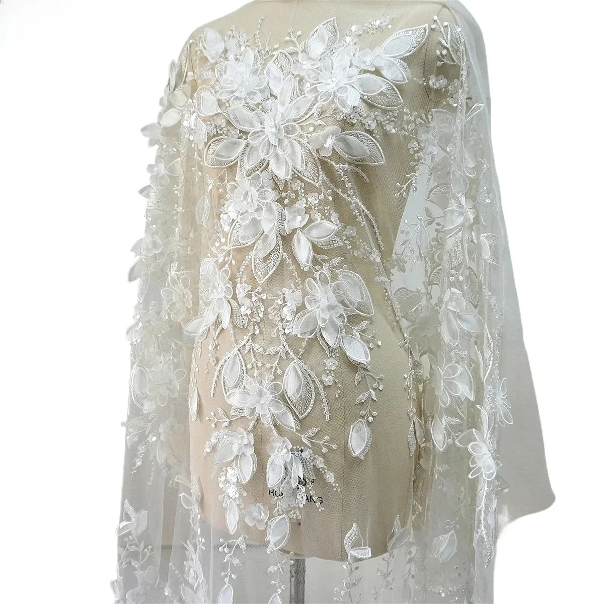 

NEW 3D Flowers Hand Embroidered Beaded Sequins Lace Fabric. Luxurious Applique Wedding Dress Background Decoration Accessories