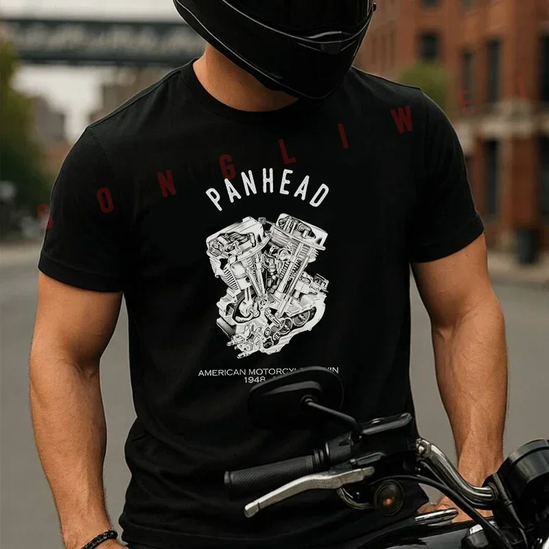 

Vintage PanHead V-Twin Engine Cutaway Motorcycle Moto Men's Cotton T-shirt Summer Short Sleeved Casual TShirt Unisex Tops