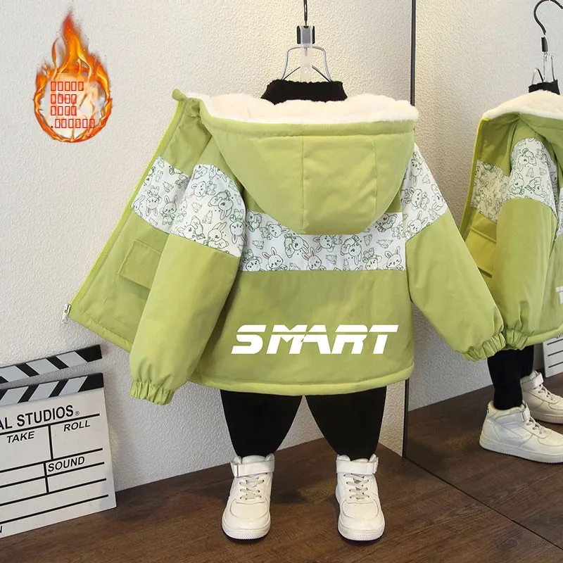 

Утепленная флисовая детская куртка для малышей на осень-зиму, теплая, милая, с цветными блоками и кроликом, для детей от года