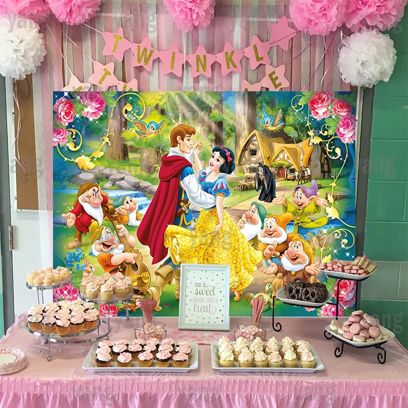 Cute Snow White Princess Seven Dwarfs Disney Support Customize Party Forest Cabin Backdrops Background Baby Shower Kids Birthday