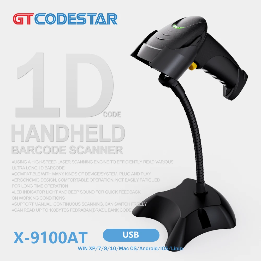 

GTCODESTAR X-9100AT Auto Barcode Reader Label Bar Code Reader Wired 1D Laser Barcode Scanner With Stand for Supermarket Scanning