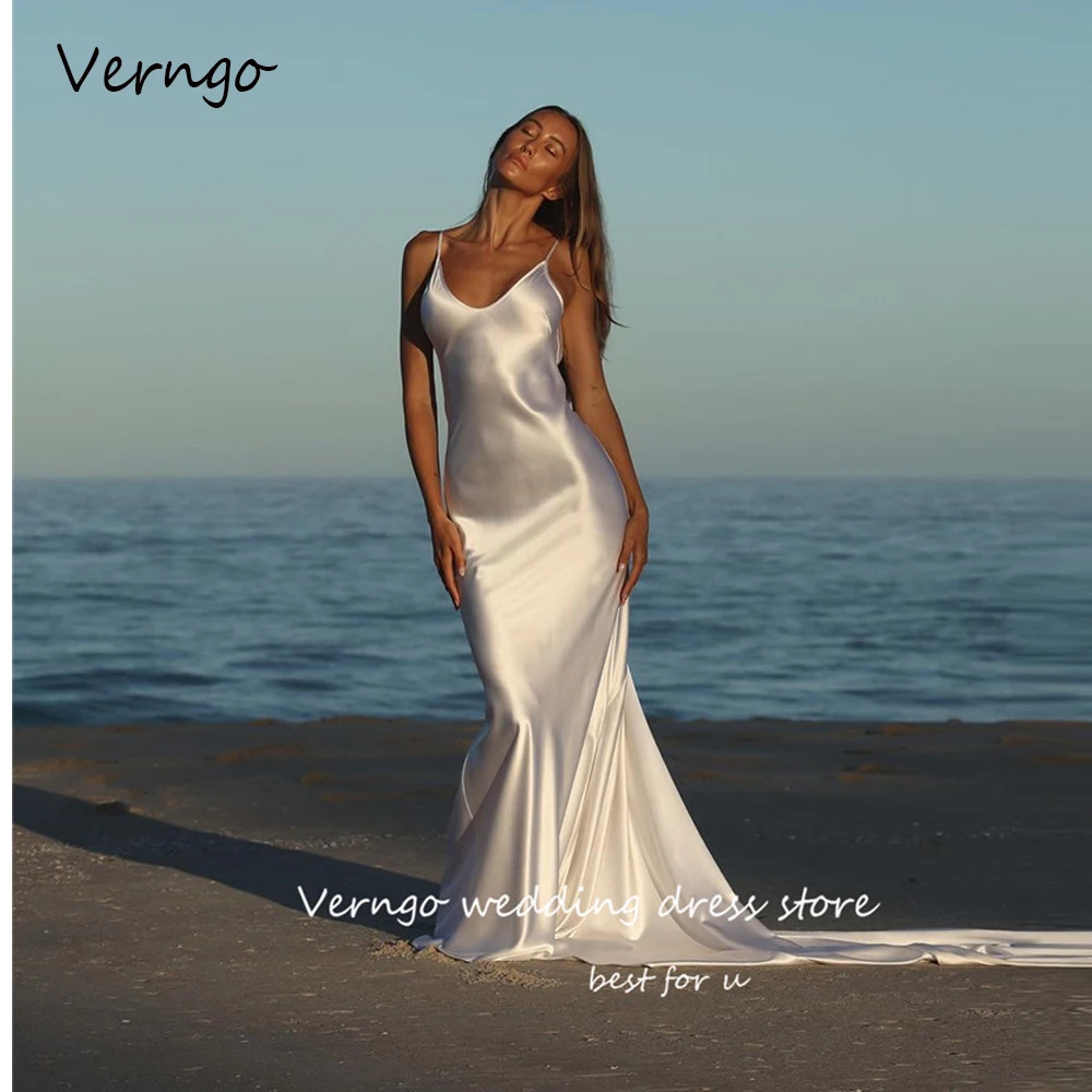 

Verngo 2023 Sexy Silk Satin Beach Wedding Dresses Mermaid Spaghetti Straps Backless Bridal Gowns White Formal Party Dress