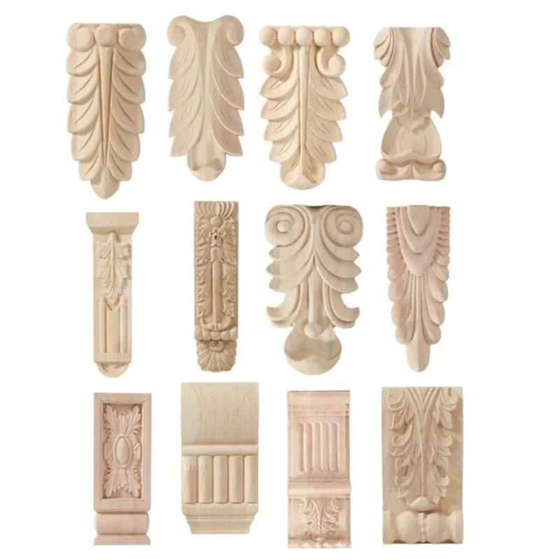 Unpainted Wood Carved Decal Corner Onlay Wooden Appliques for Furniture Wooden Flower Decoration Home Decor Items Decal Floral image 2