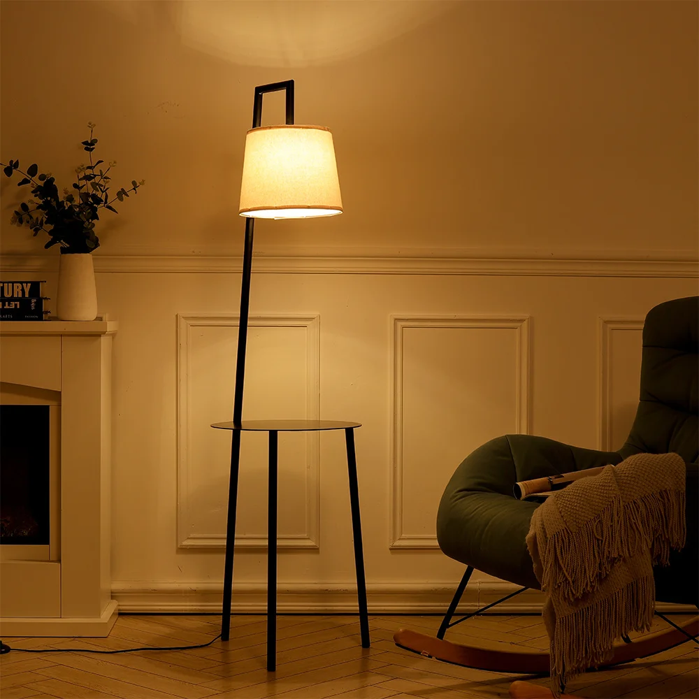 Metal Tray Table Floor Lamp with Linen Lampshade