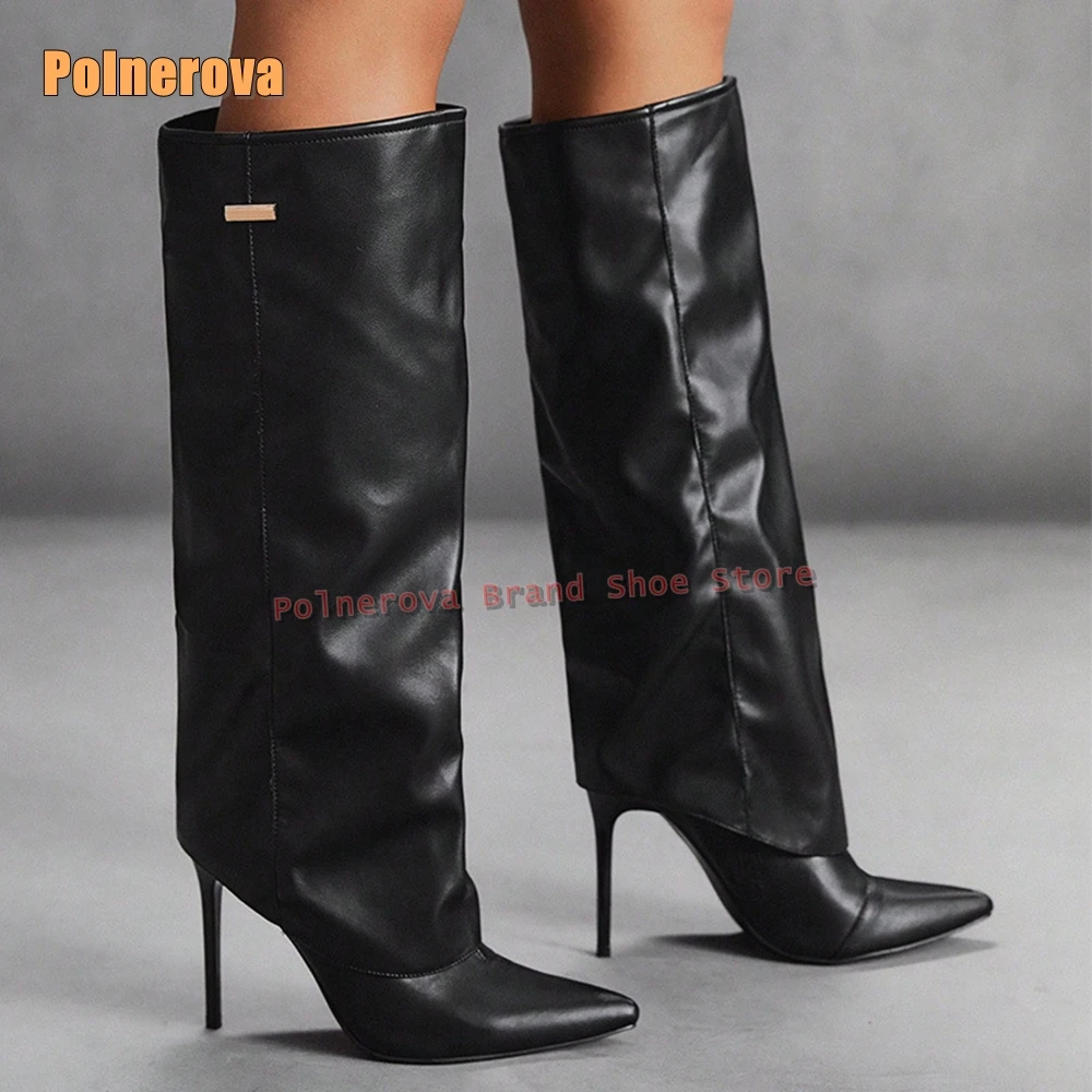 

Сексуальные лаконичные черные брючные сапоги с острым носком на тонком каблуке, складные металлические украшения, женские модные сапоги до колена, 2025, новый стиль