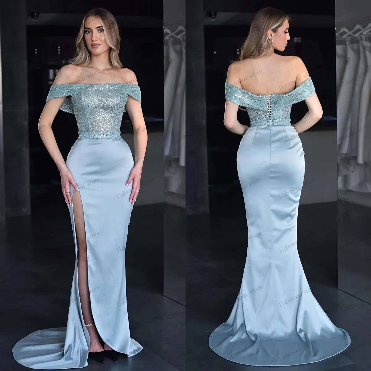 

Charming Evening Dresses Glitter Sheath Mermaid Off The Shoulder Prom Dress Simple Satin Robes Elegant Vintage Vestidos De Gala