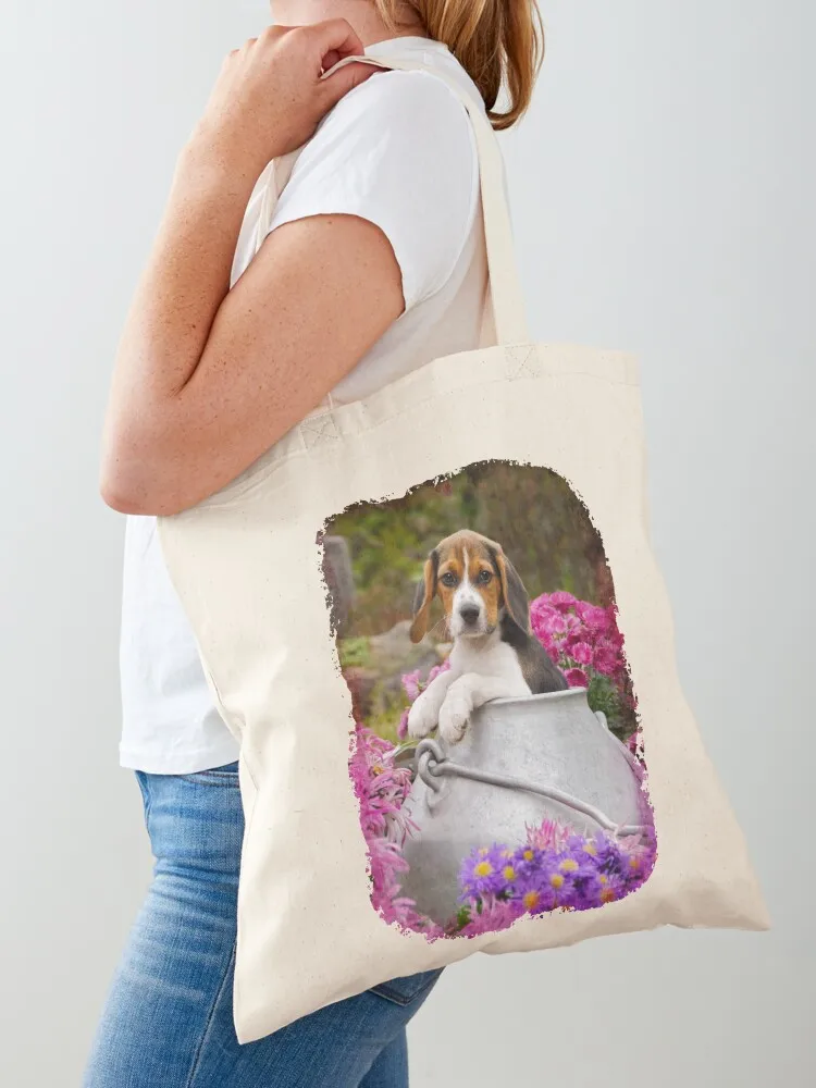 

Cute Tricolor Beagle Dog Puppy in a Milk Churn Tote Bag Women bags tote bag custom cute tote bag Gift bags