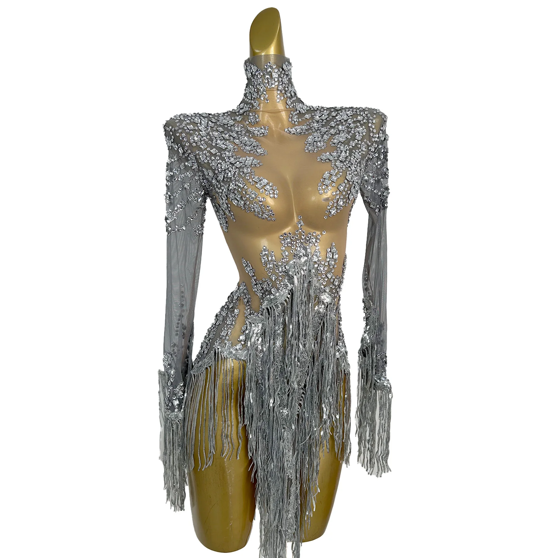 

Tangshui New Women's Jumpsuit Shiny Silver Rhinestone Sequins Tassel Skirt Pole Dance Latin Dance Jazz Dance Performance Costume