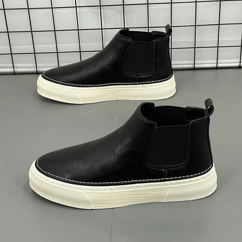 

Men's High-Top Leather oes Thi Bot Casual Genuine Leather Boots Pure Color Breathable Autumn Winter New Sle