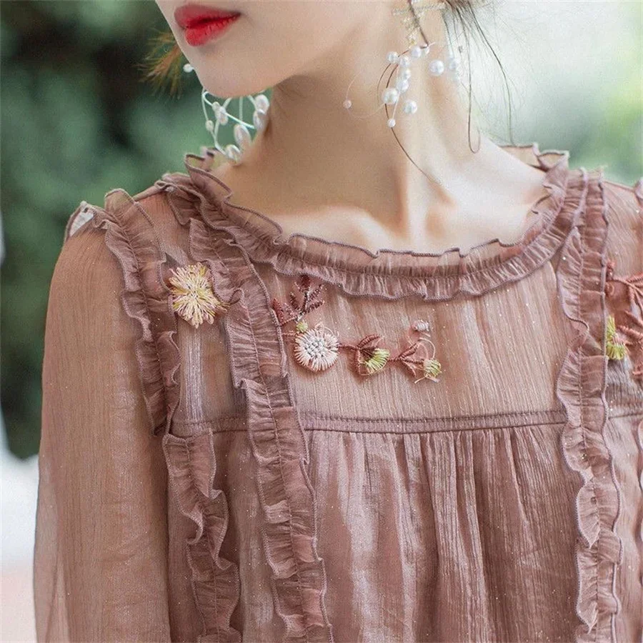 

Women's Spring Summer Style Chiffon Blouses Shirt Appliques Decor O-Neck Ruffles Solid Color Korean Casual Tops DF3929