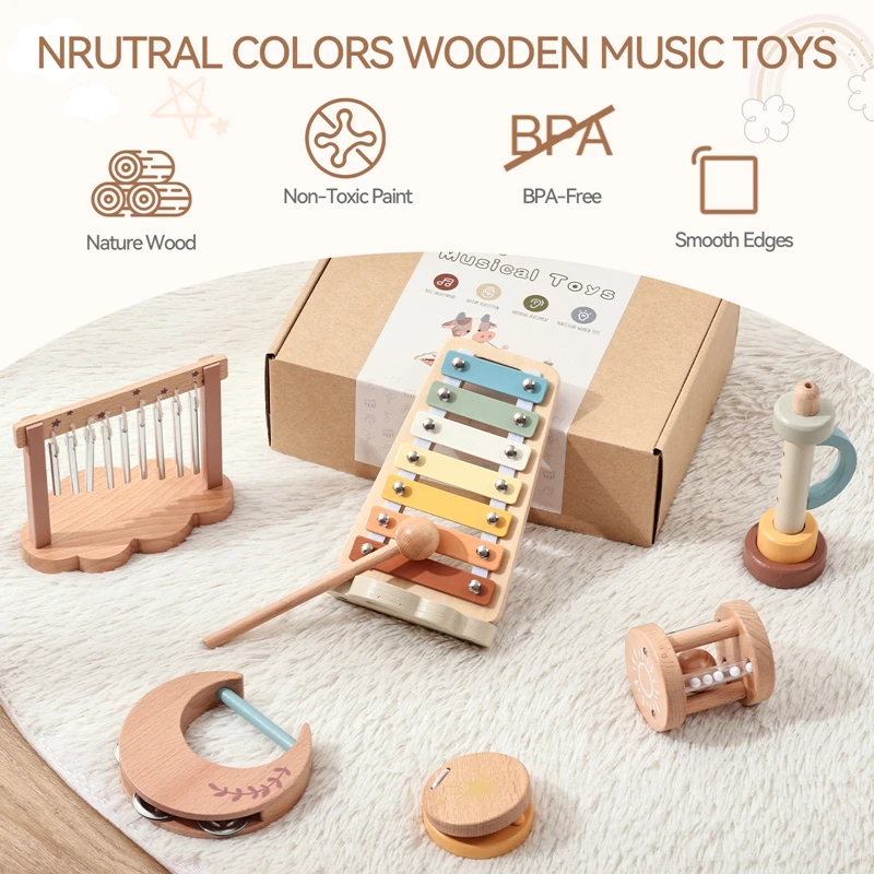 1Set Musical Instruments With Gift Box Baby Music Starter Toy Wooden Montessori Musical Toy Early 0-12 Months Baby Education Toy