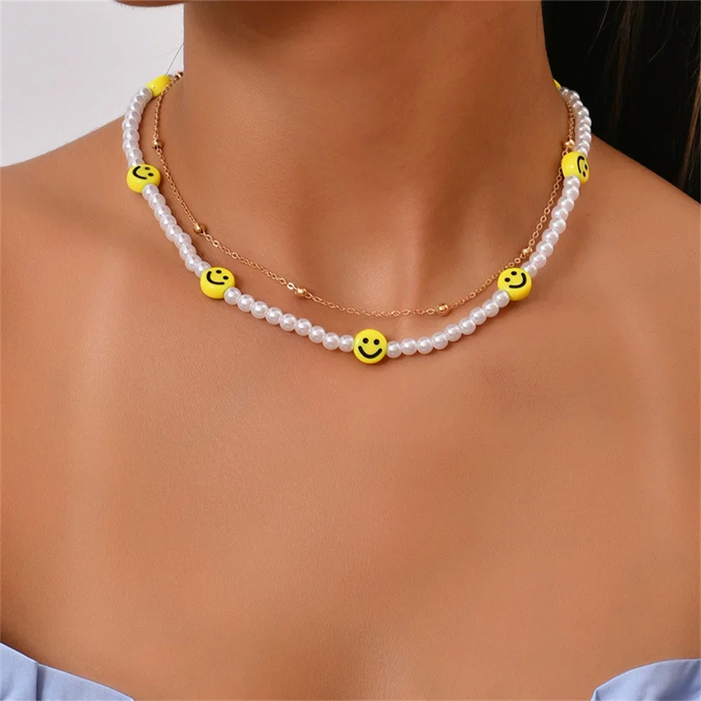 Fashion Vintage Choker Hip Hop Cute Metal Bead Chain Yellow Smiley Artificial Pearl Necklace For Women Boho Collar Jewelry Gift