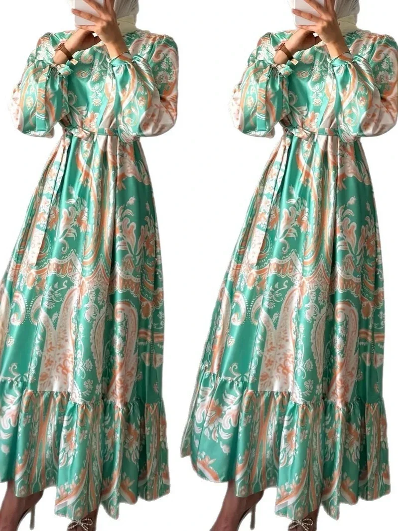 Eid Women Dress Abaya Women Print Party Long Dresses Dubai Jalabiya Lace Up Kaftan Morocco Vestidos Arab Long Robe Ramadan 2026 4