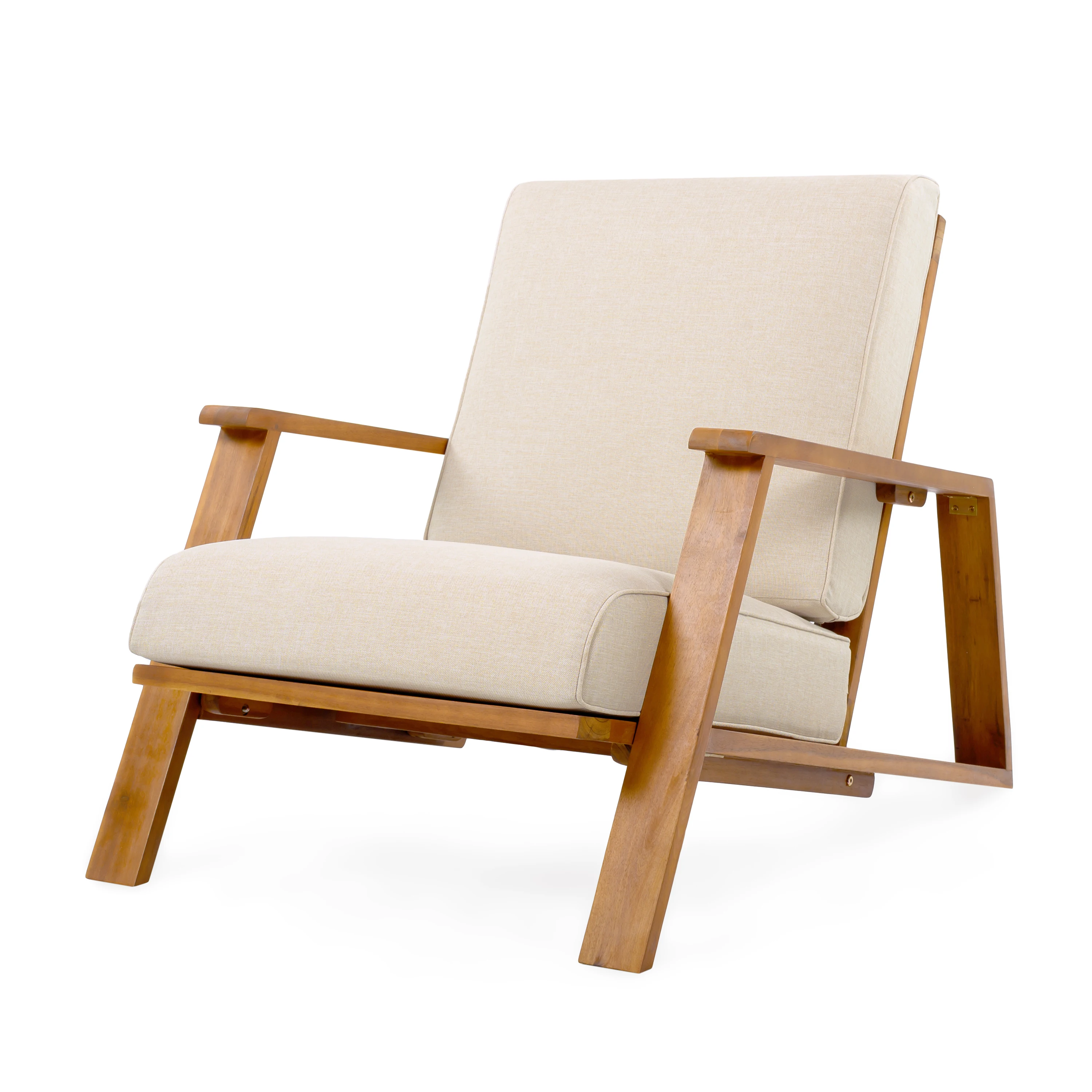 Modern Patio Lounge Chair Outdoor Club Chair with Beige Cushion and Teak Acacia Wood Frame for Courtyard and Beach Use