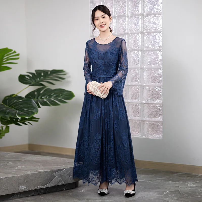 Long Mother Of The Bride Dresses Lace Trimming  Elegant Long Sleeve Mother Of The Bride Gown Navy Blue