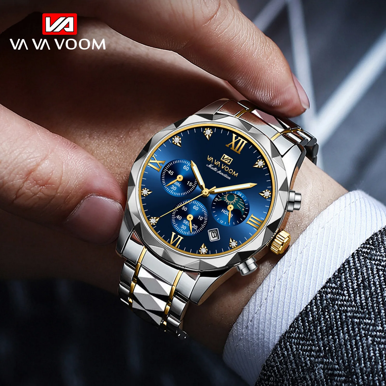 VA VOOM Fashion Men's Watches Brand Waterproof Multi Functional Stainless Steel Business High End Date Quartz Watch For Men