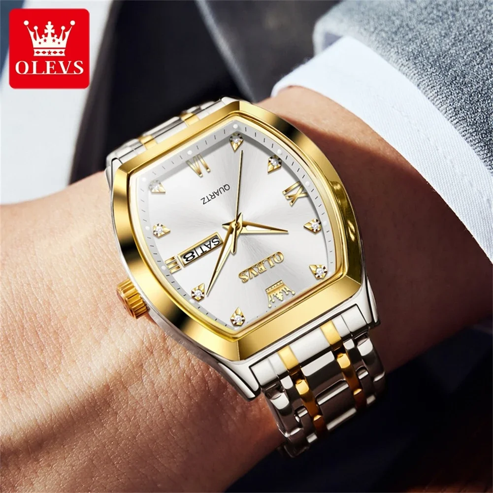 OLEVS Business Tonneau Dial Top Brand Luxury Stainless Steel Quartz Watch Men Date Clock Waterproof Wristwatch Relógio Masculino
