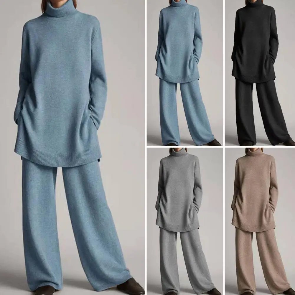 2 Pieces Women Sets Knitted Tracksuit Turtleneck Sweater Wide Leg Jogging Pants Knitted Pullover Suit Sweatshirt Trousers Suit