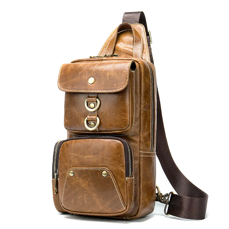 

genuine leather men's chest bag messenger bags male shoulder bag sling bag belt functional chest crossbody bags 8823