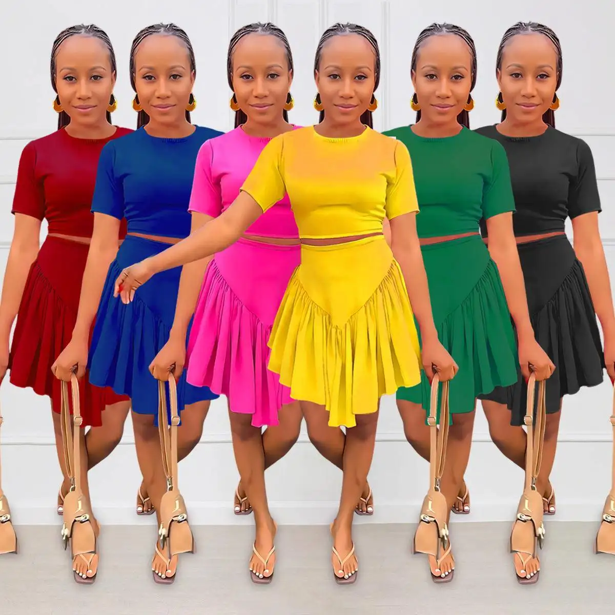 

High Waist Short Sleeve T-Shirt And Simple Asymmetrical Skirt Two-Piece Set Women's Fashion Outfit Casual Tight Fit Top