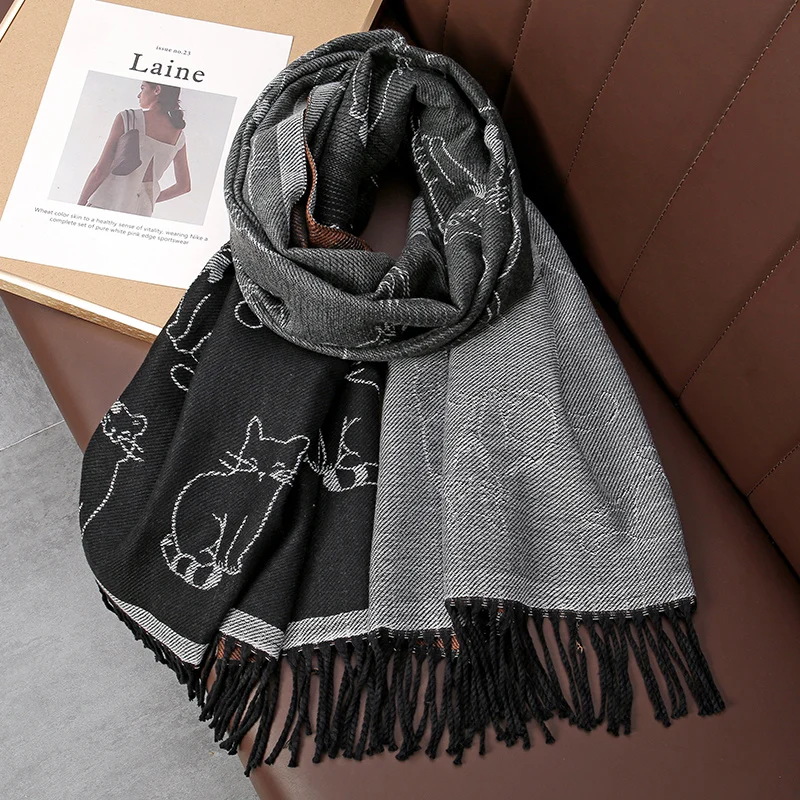 Thick Blanket Bear Print Scarf Women Winter Cashmere Warm Design Pashmina Shawls Lady Wraps Poncho Stoles Female Bufanda 2023