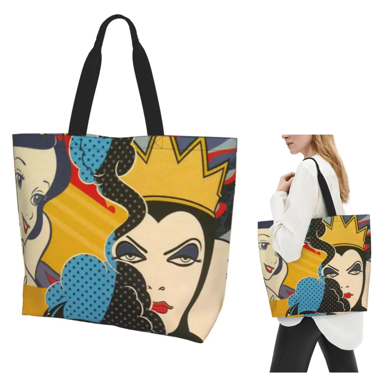 

Cartoon Snow White And Villains Shopping Tote Bag Canvas Large Capacity Shoulder Bags Shopper Grocery Handbag for Women
