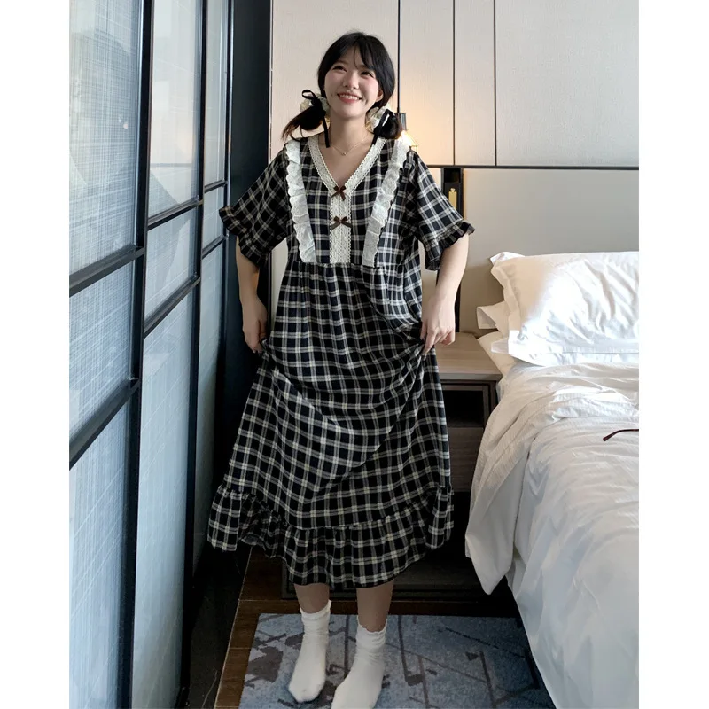 130kg Super Large Size House Long Dress Women\'s Extended Nightgown Summer Short Sleeve Pajamas Korean Students Loose Loungewear