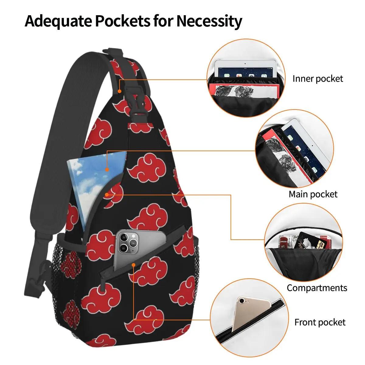 Japanese Red Cloud Crossbody Sling Bag Small Chest Bag anime cartoon Shoulder Backpack Daypack for Hiking Outdoor Sports Satchel