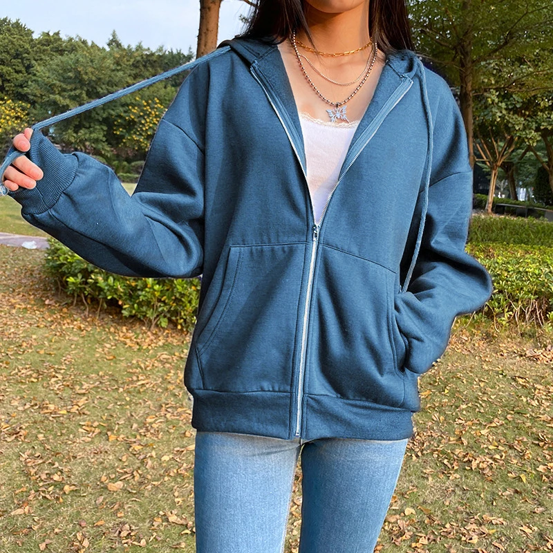 Oversized Hoodie Retro Pocket Women's Long Sleeve Pullover Kawaii Clothing Aesthetic Zipper Hooded Sweater Winter Jacket Tops